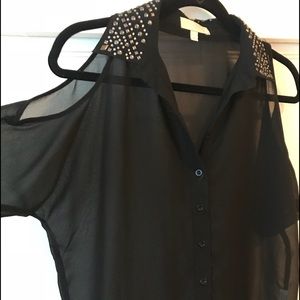 Sheer cold shoulder black top with beaded collar